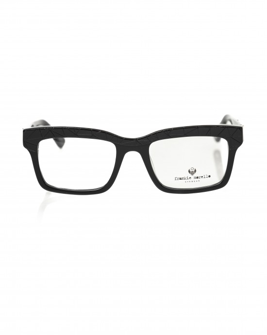 Wayfarer Model Eyeglasses. Thick Black Frame With Geometric Pattern. Colored Auctions.