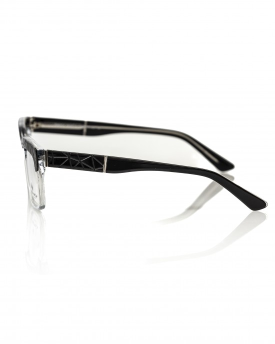 Clubmaster Model Eyeglasses. Thick Transparent Frame With Black Top Profile With Geometric Pattern. Colored Auctions.