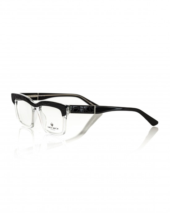 Clubmaster Model Eyeglasses. Thick Transparent Frame With Black Top Profile With Geometric Pattern. Colored Auctions.