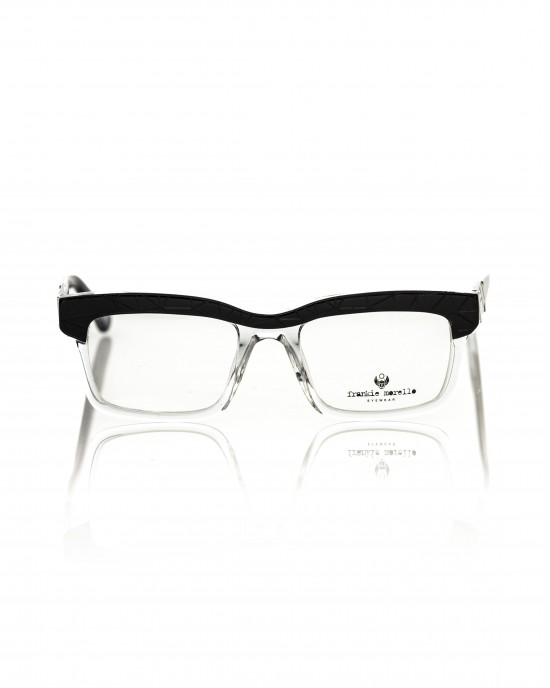 Clubmaster Model Eyeglasses. Thick Transparent Frame With Black Top Profile With Geometric Pattern. Colored Auctions.