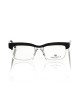 Clubmaster Model Eyeglasses. Thick Transparent Frame With Black Top Profile With Geometric Pattern. Colored Auctions.