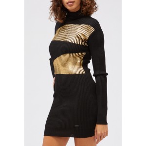 Long-sleeved Knitted Dress. Laminated Effect Application. Polo Neck. Without Pockets. Solid Color.