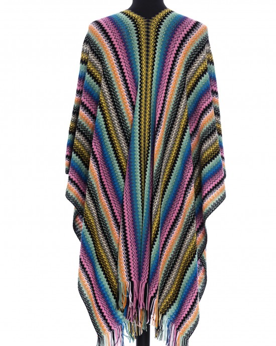 Fringed Poncho With A Geometric Fantasy And Multicolor! Dimensions: 100 Cm X 45 Cm + Fringes