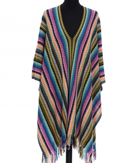 Fringed Poncho With A Geometric Fantasy And Multicolor! Dimensions: 100 Cm X 45 Cm + Fringes