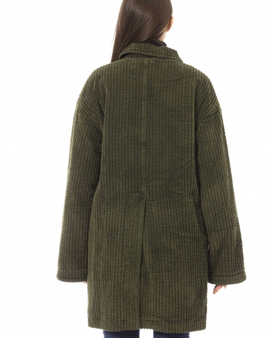 Wide Ribbed Jacket. Wide Line And Teddy Fur Padding. 2 Side Pockets. Concealed Logo Button Closure.