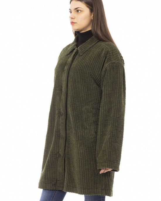 Wide Ribbed Jacket. Wide Line And Teddy Fur Padding. 2 Side Pockets. Concealed Logo Button Closure.