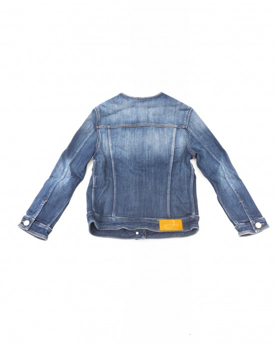 Denim Jacket With Round Neckline. Metal Buttons And Contrast Stitching. 2 Front Patch Pockets And 2 Open Side Pockets. Leather Logo Sewn On The Back.