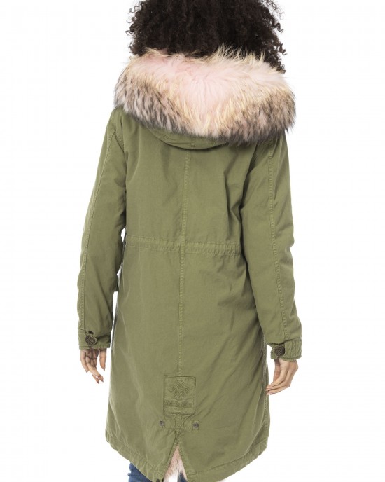 Long Parka. Side External Pockets. Hood With Fur. Front Closure With Zipper And Zipper Pull. Removable Inner Jacket. Adjustable Waist Cord