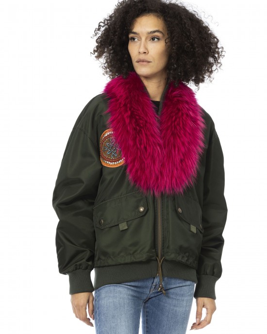 Short Bomber. Side And Back External Pockets. Hood With Fur. Front Closure With Zipper And Zipper Pull. Removable Inner Jacket. Embroidered Applications On The Front And Back.