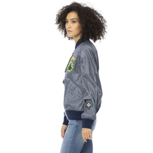 Short Bomber. Side External Pockets. Front Closure With Zipper And Zipper Pull. Aviator Themed Applications On Front And Back.