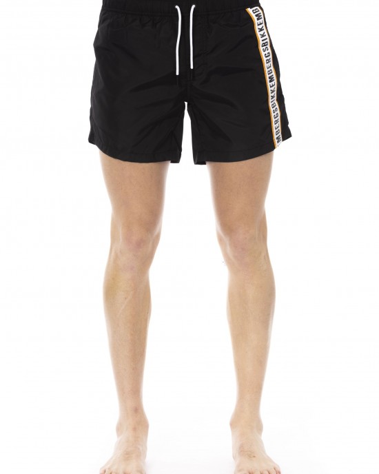 Swim Shorts With Tape. Two Side Pockets And One On The Back. Elastic Waistband With Drawstring.