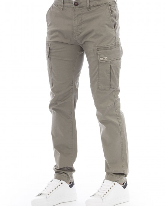 Cargo Trousers. Solid Color Fabric. Front Zipper And Button Closure. Four Side Pockets. Back Welt Pockets.