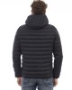 Men's Jacket With Hood. Horizontally Quilted. Customized Braces Inside That Allow The Garment To Be Worn As If It Were A Backpack. Contrasting Patch On The Left Sleeve. Wrists And Bottom With Matching Elastic. Light Padding (approximately 100g).