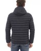 Men's Jacket With Hood. Horizontally Quilted. Customized Braces Inside That Allow The Garment To Be Worn As If It Were A Backpack. Contrasting Patch On The Left Sleeve. Wrists And Bottom With Matching Elastic. Light Padding (approximately 100g).