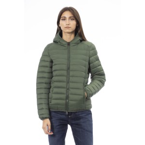 Women's Jacket With Hood. Horizontally Quilted. Customized Braces Inside That Allow The Garment To Be Worn As If It Were A Backpack. Contrasting Patch On The Left Sleeve. Wrists And Bottom With Matching Elastic. Light Padding (approximately 100g).