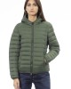 Women's Jacket With Hood. Horizontally Quilted. Customized Braces Inside That Allow The Garment To Be Worn As If It Were A Backpack. Contrasting Patch On The Left Sleeve. Wrists And Bottom With Matching Elastic. Light Padding (approximately 100g).