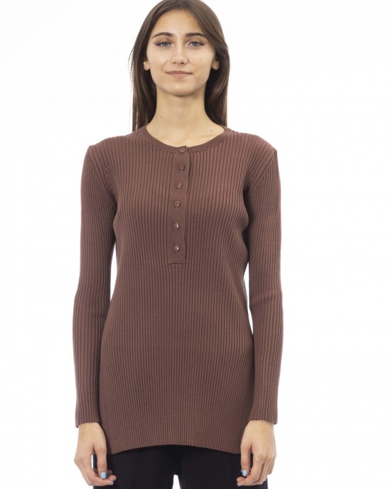 Crew-neck Sweater With Side Slits. Button Closure.