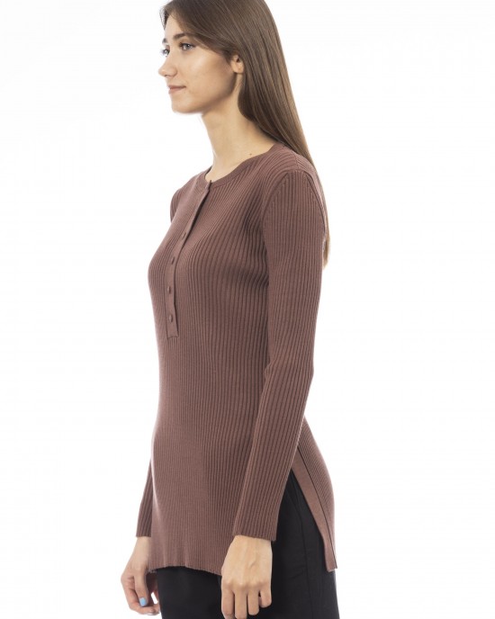 Crew-neck Sweater With Side Slits. Button Closure.