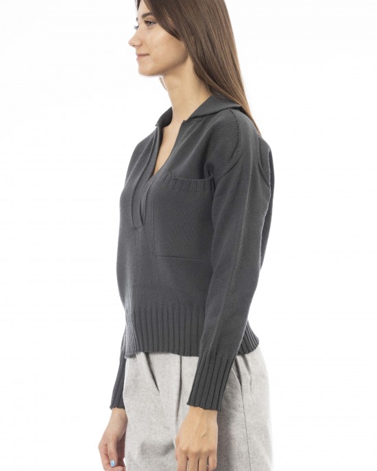 V-neck Sweater Ribbed Cuffs And Bottom. Front Pocket.