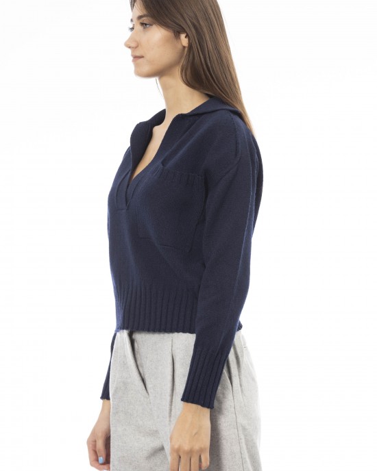 V-neck Sweater Ribbed Cuffs And Bottom. Front Pocket.