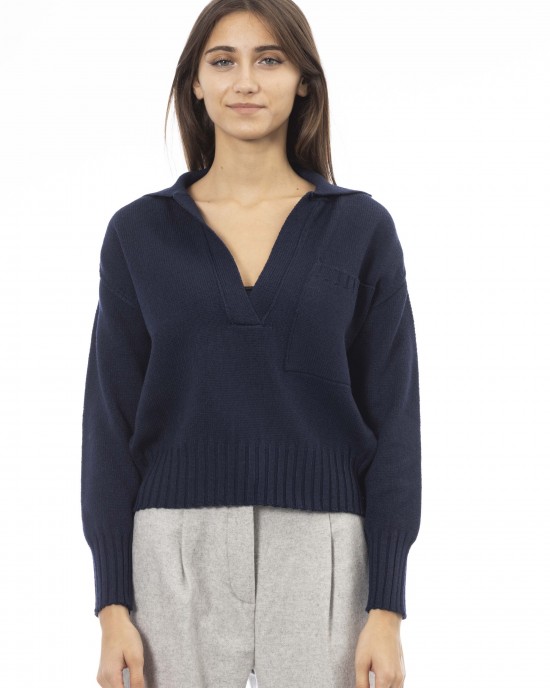 V-neck Sweater Ribbed Cuffs And Bottom. Front Pocket.