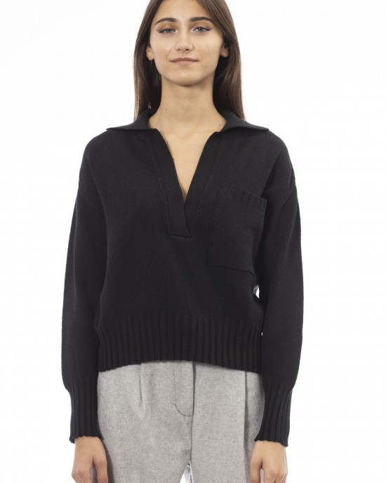 V-neck Sweater Ribbed Cuffs And Bottom. Front Pocket.