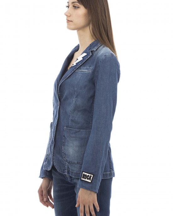 Denim Jacket With Patches. Front Pockets. Button Closure.