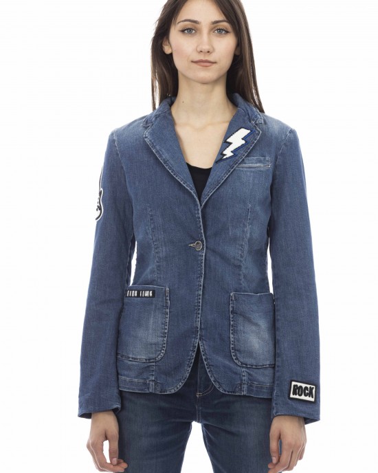 Denim Jacket With Patches. Front Pockets. Button Closure.