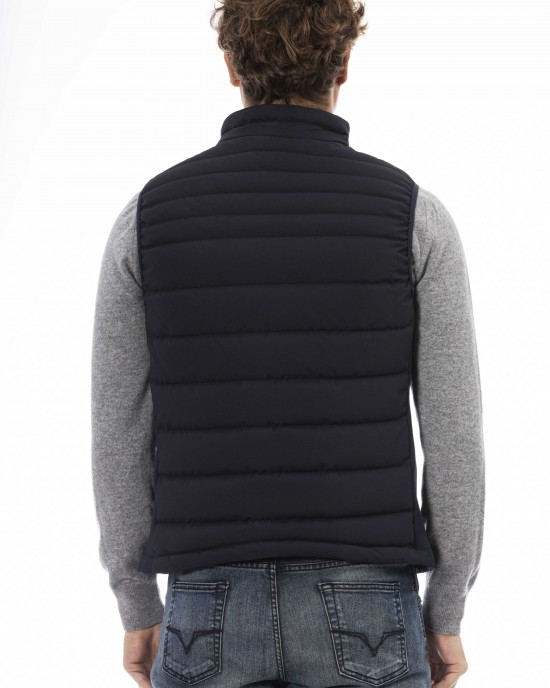 Vest With Side Pockets. Zip Closure. Quilted Horizontally. Contrast Chest Patch.