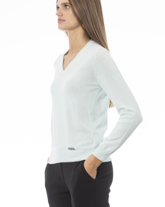V-neck Sweater. Long Sleeves. Neck. Cuffs And Bottom Of Fine Ribbed Knit. Regular Fit. Baldinini Trend Monogram In Metal.