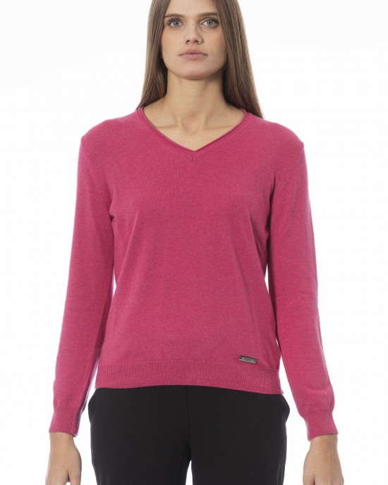 V-neck Sweater. Long Sleeves. Neck. Cuffs And Bottom Of Fine Ribbed Knit. Regular Fit. Baldinini Trend Monogram In Metal.