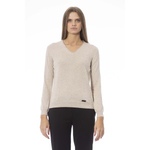 V-neck Sweater. Long Sleeves. Neck. Cuffs And Bottom Of Fine Ribbed Knit. Regular Fit. Baldinini Trend Monogram In Metal.