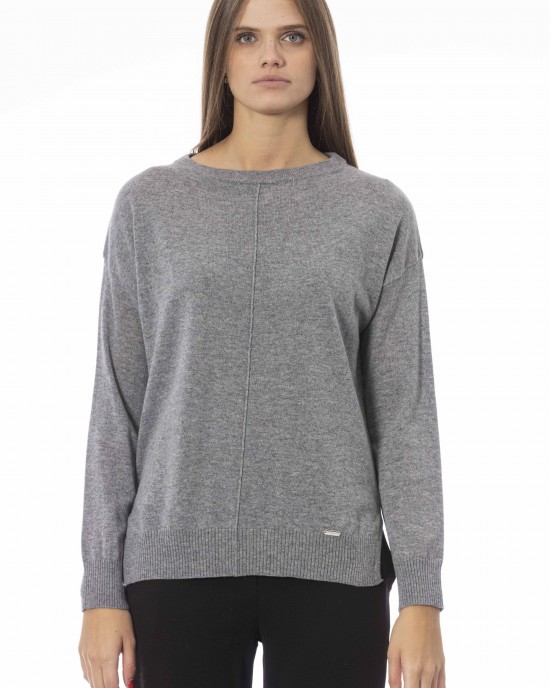 Crew Neck Sweater. Long Sleeves. Central Seam. Ribbed Neck Wrists And Bottom Of The Knit. Side Slits. Monogram Baldinini Trend In Metal.