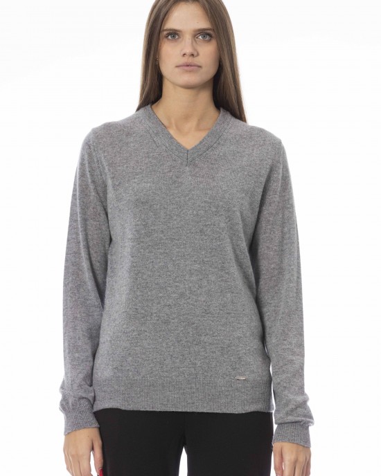 V-neck Sweater. Long Sleeves. Ribbed Neck Wrists And Bottom Of The Knit. Monogram Baldinini Trend In Metal.