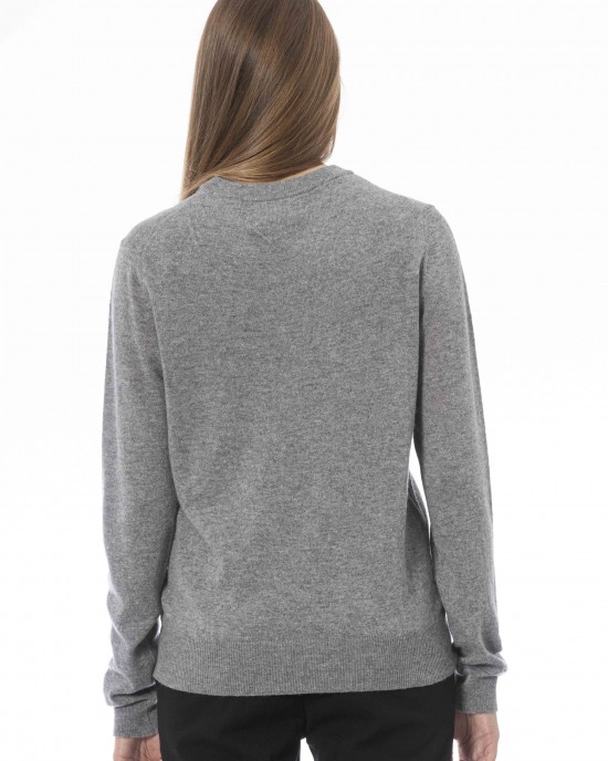 V-neck Sweater. Long Sleeves. Ribbed Neck Wrists And Bottom Of The Knit. Monogram Baldinini Trend In Metal.