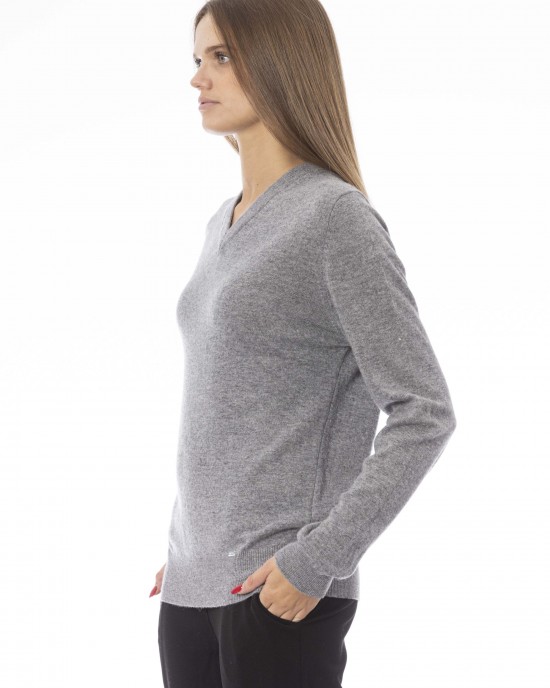 V-neck Sweater. Long Sleeves. Ribbed Neck Wrists And Bottom Of The Knit. Monogram Baldinini Trend In Metal.