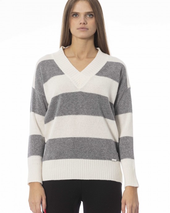 V-neck Sweater. Long Sleeves. Ribbed Neck Wrists And Bottom Of The Knit. Monogram Baldinini Trend In Metal.