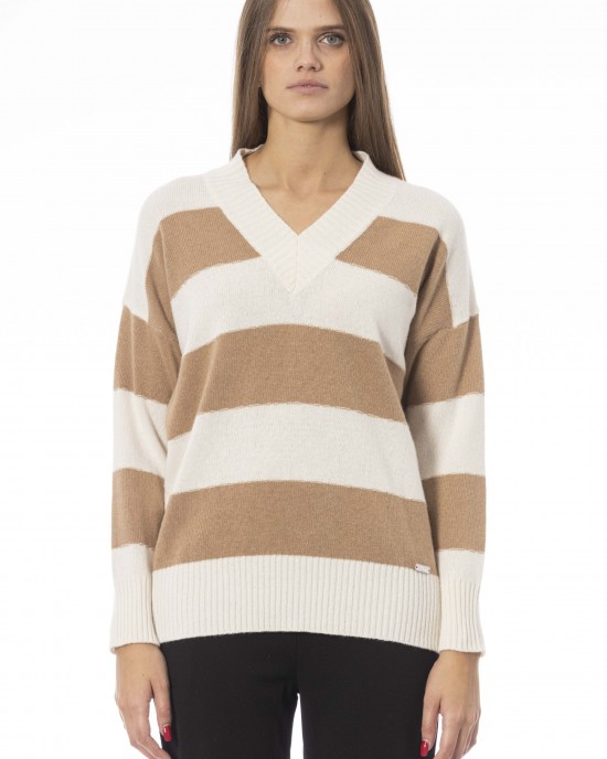 V-neck Sweater. Long Sleeves. Ribbed Neck Wrists And Bottom Of The Knit. Monogram Baldinini Trend In Metal.