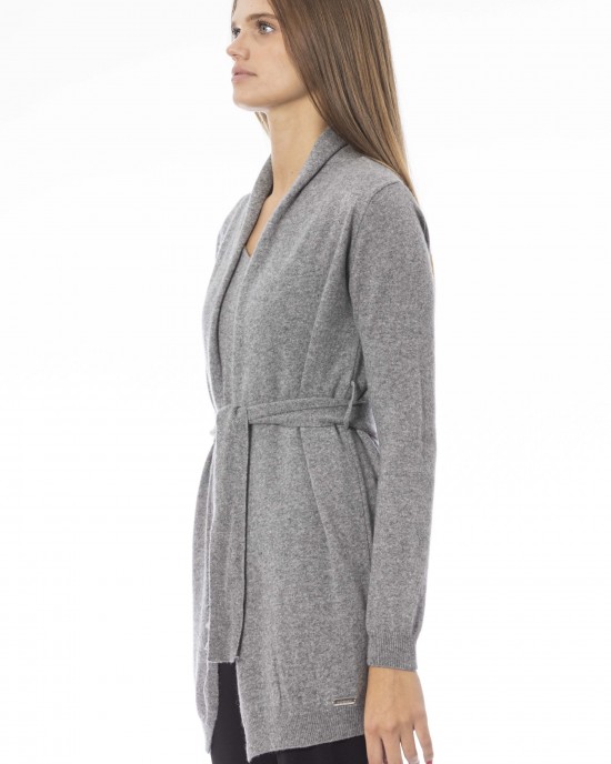 Cardigan With Belt. Long Sleeves. Fine Ribbed Wrists And Bottom. Monogram Baldinini Trend In Metal.
