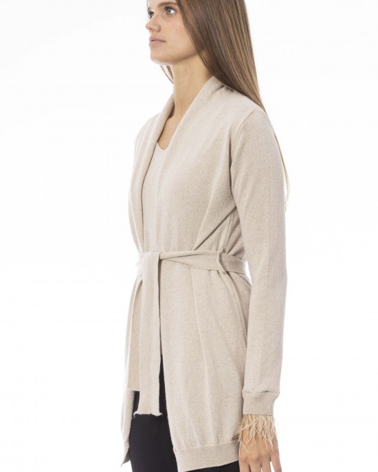 Cardigan With Belt And Feathers. Long Sleeves. Fine Ribbed Wrists And Bottom. Monogram Baldinini Trend In Metal.
