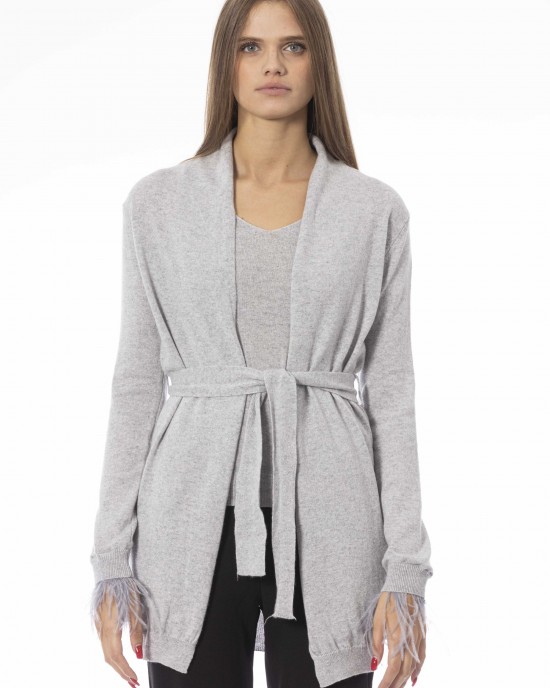 Cardigan With Belt And Feathers. Long Sleeves. Fine Ribbed Wrists And Bottom. Monogram Baldinini Trend In Metal.