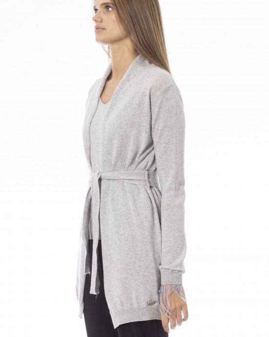 Cardigan With Belt And Feathers. Long Sleeves. Fine Ribbed Wrists And Bottom. Monogram Baldinini Trend In Metal.