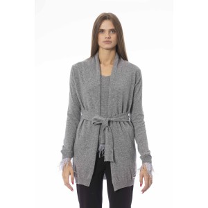Cardigan With Belt And Feathers. Long Sleeves. Fine Ribbed Wrists And Bottom. Monogram Baldinini Trend In Metal.