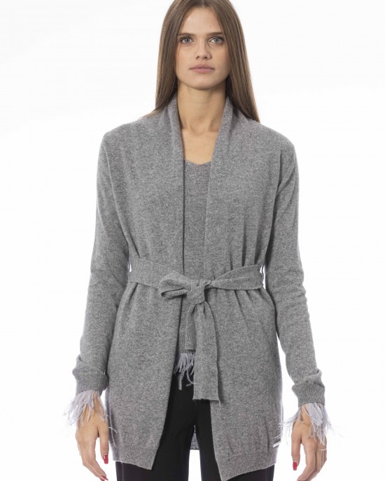 Cardigan With Belt And Feathers. Long Sleeves. Fine Ribbed Wrists And Bottom. Monogram Baldinini Trend In Metal.