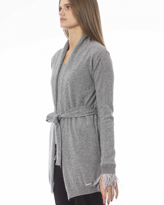 Cardigan With Belt And Feathers. Long Sleeves. Fine Ribbed Wrists And Bottom. Monogram Baldinini Trend In Metal.