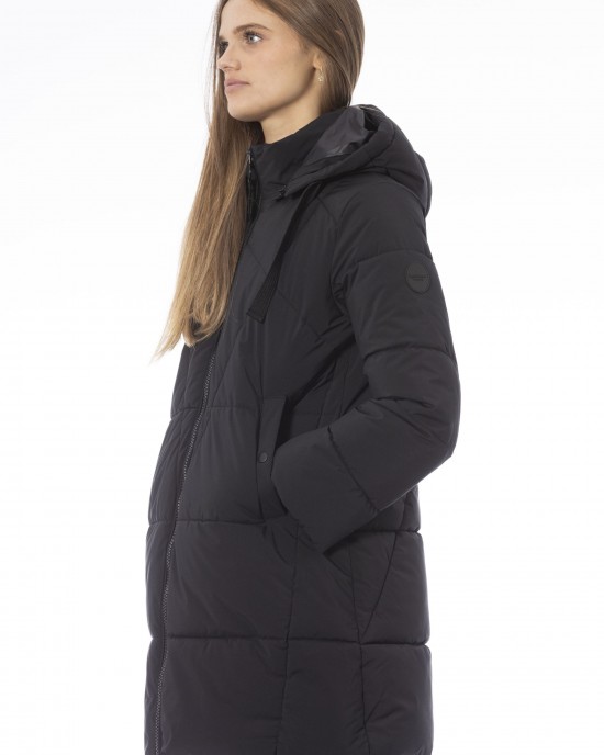 Long Down Jacket. External Threaded Pockets. Front Zip Closure. Monogram Baldinini Trend.