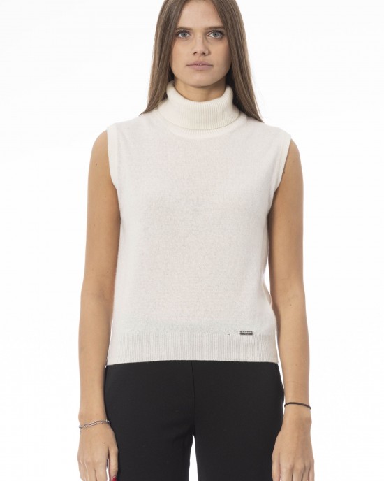 Turtleneck Vest. Fine Ribbed Knit Neck And Bottom. Baldinini Trend Monogram In Metal.