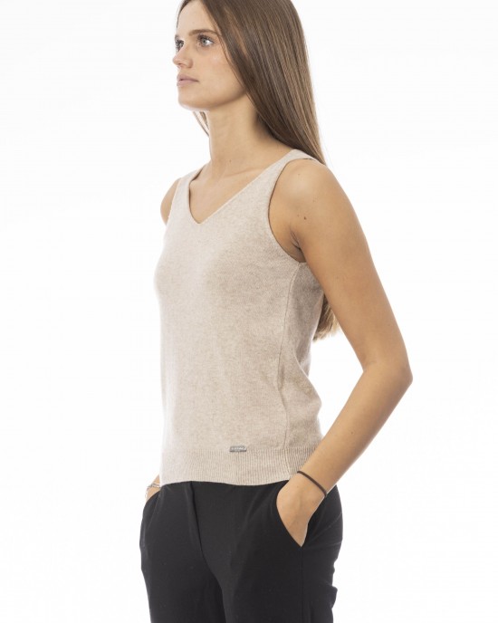 V-neck Tank Top. Neck And Bottom In Fine Ribbed Knit. Monogram Baldinini Trend In Metal.