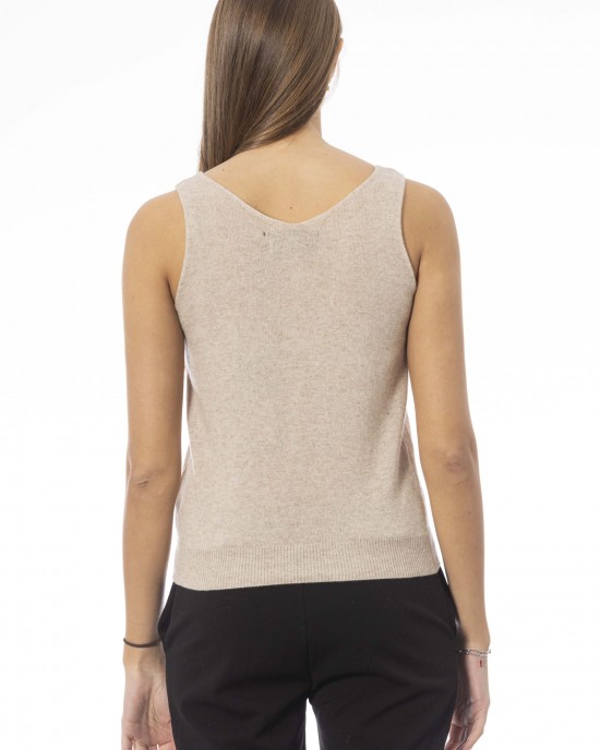 V-neck Tank Top. Neck And Bottom In Fine Ribbed Knit. Monogram Baldinini Trend In Metal.