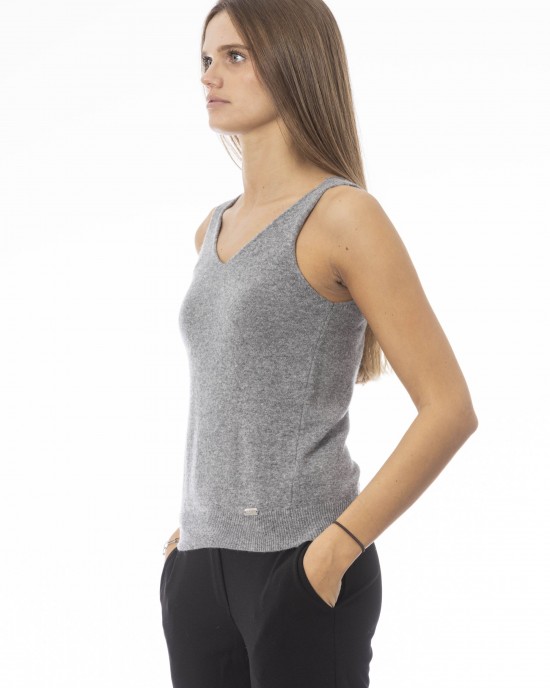 V-neck Tank Top. Neck And Bottom In Fine Ribbed Knit. Monogram Baldinini Trend In Metal.